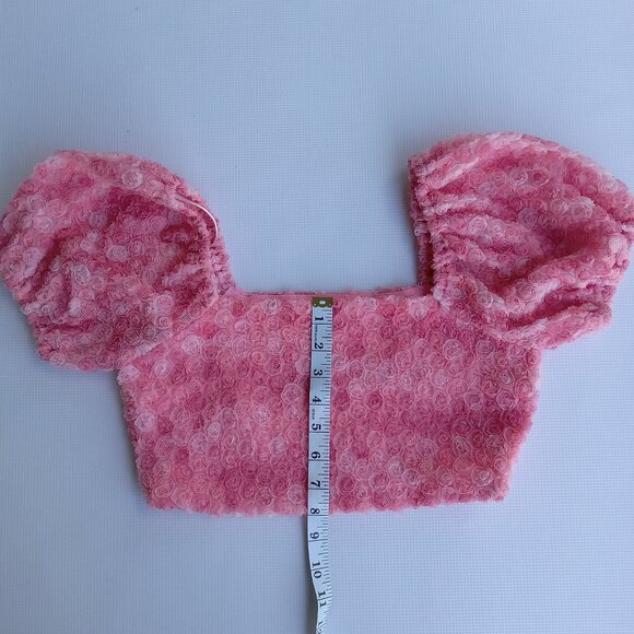 LE LIS Peony Delight smocked pink rosette‎ crop top puff sleeves size XS - Picture 9 of 10